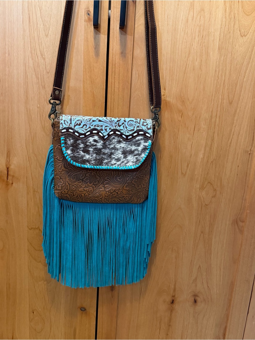 Myra Bag Turquoise Fringe Crossbody with Brown Tooled Leather
